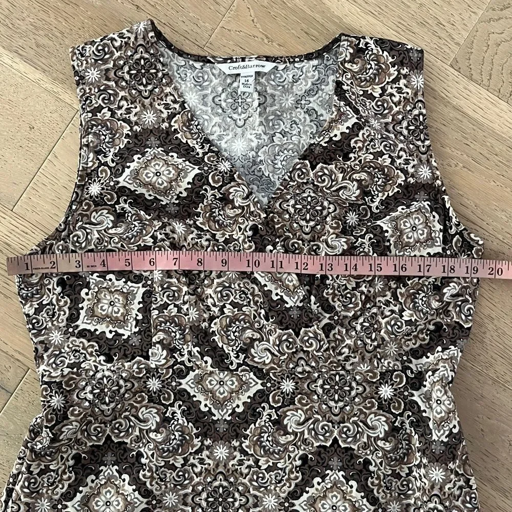 Croft & Barrow Brown Medallion Print Stretch Cotton Sleeveless Dress M-L